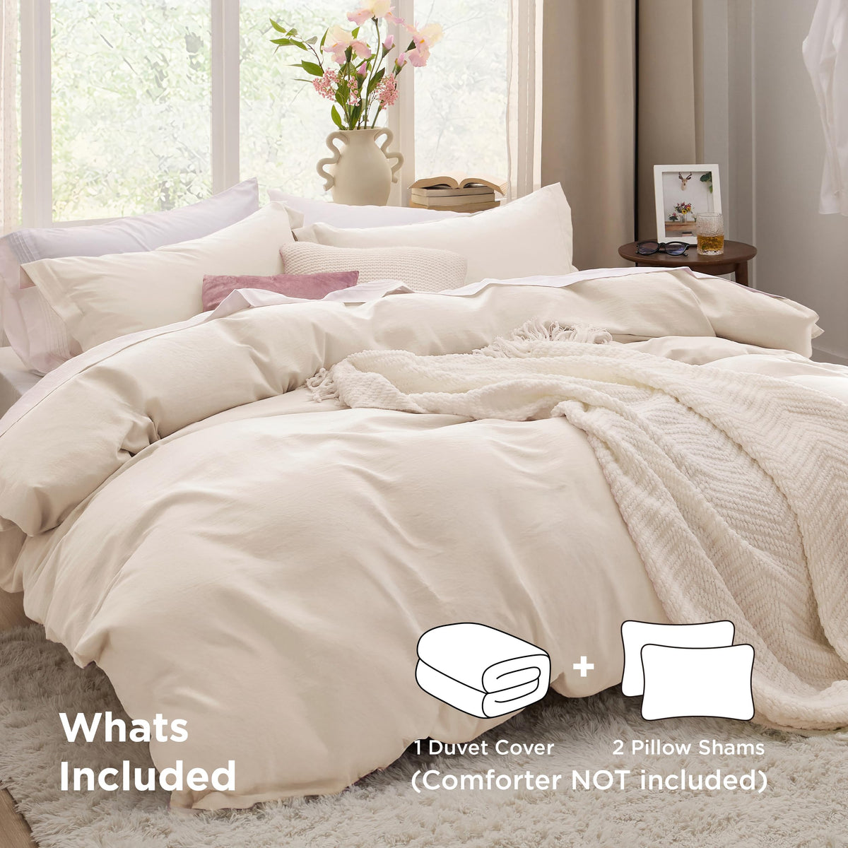 Bedsure cream duvet cover king soft fabric, breathable and gentle on skin for comfort.