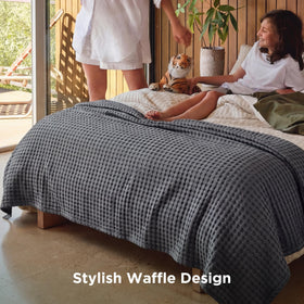 Bedsure dark grey blanket in full size 80x90 on bedding ensemble.