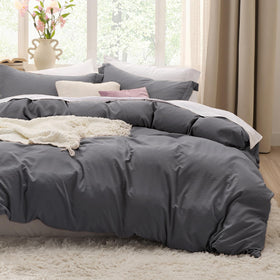 Bedsure dark grey duvet cover close-up showing soft, breathable fabric for nightly comfort.