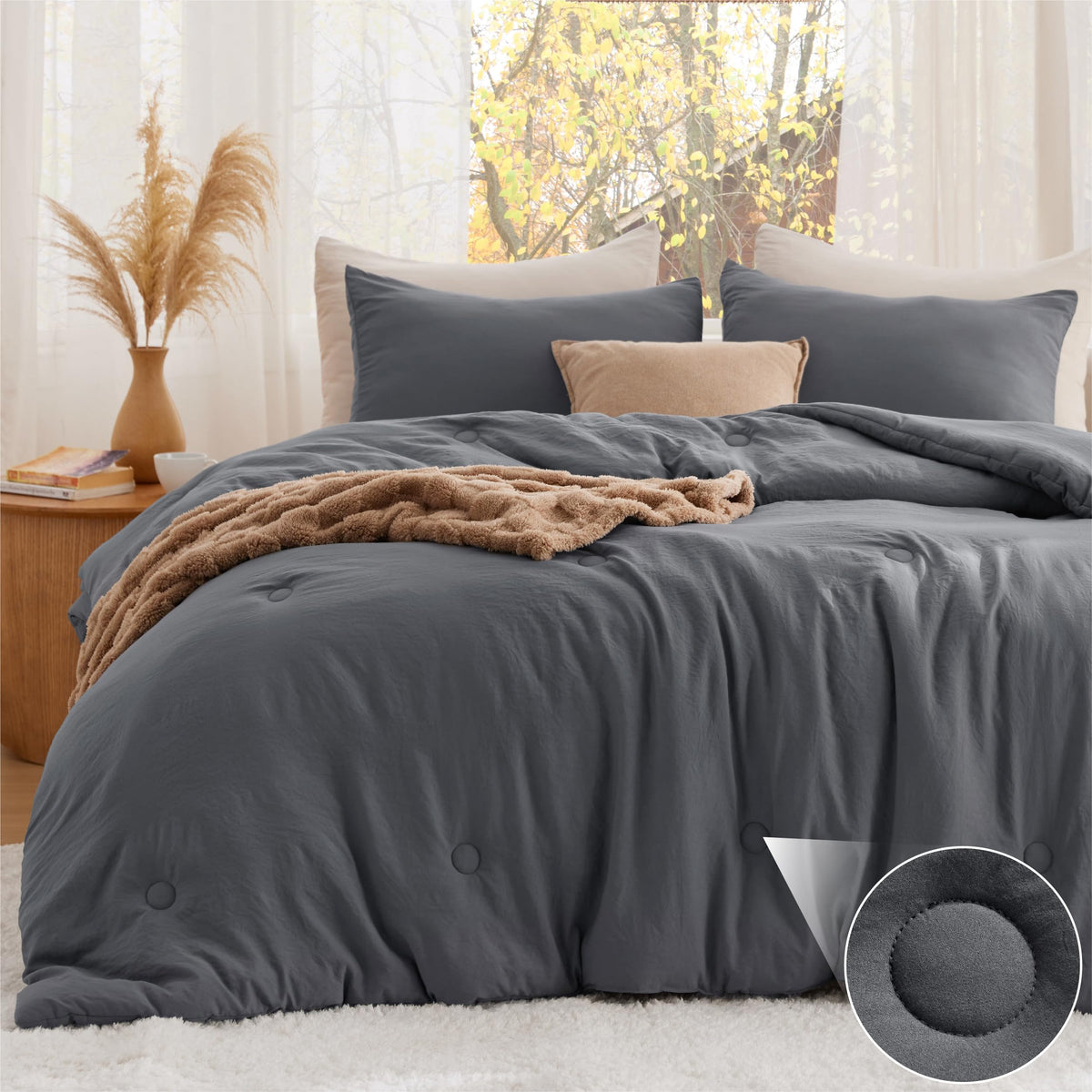 Bedsure dark grey king comforter set on bed showing cozy warmth