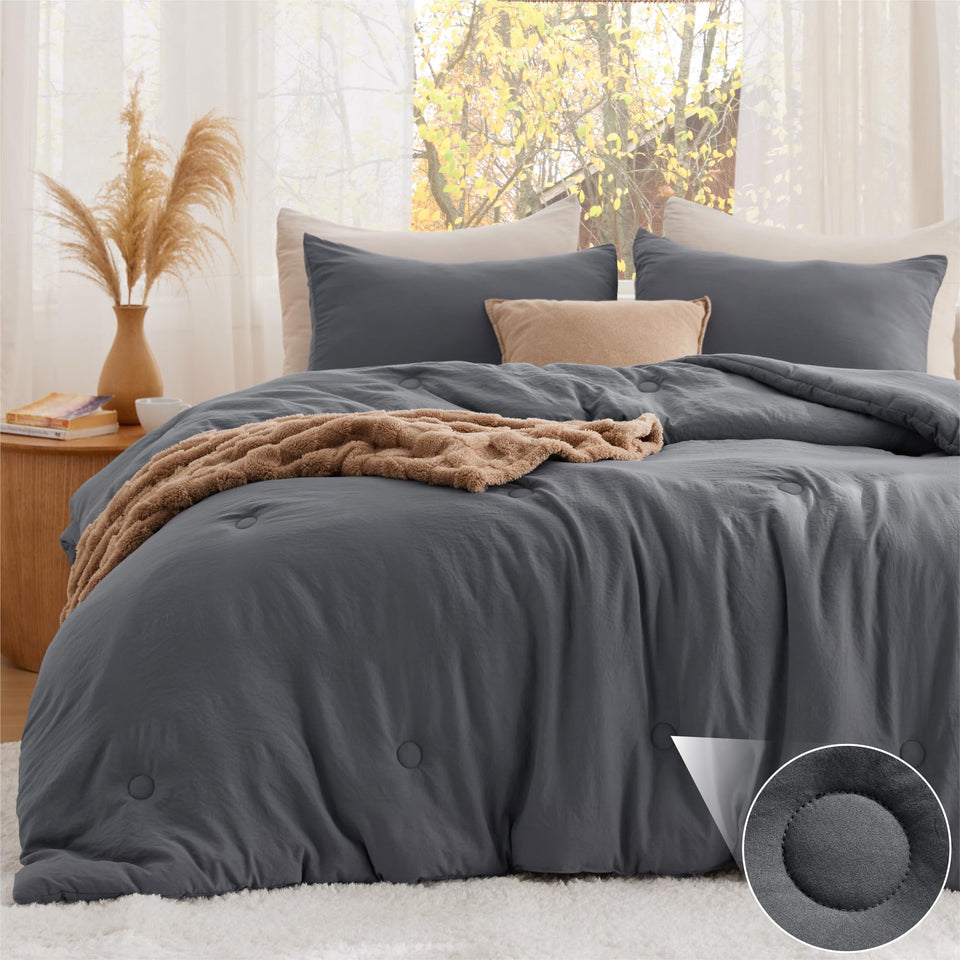 Bedsure dark grey king comforter set on bed showing cozy warmth