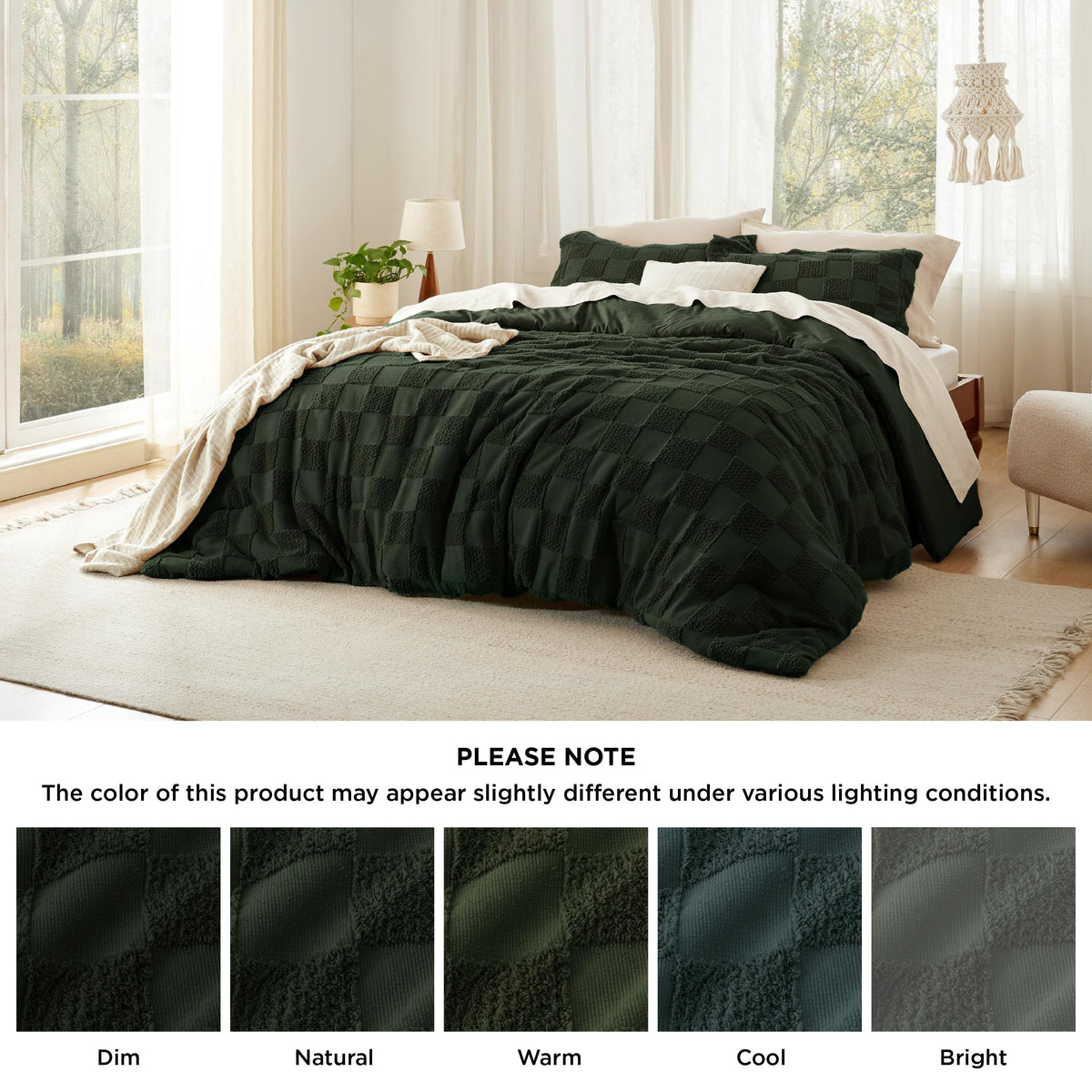 Styled Bedsure bedroom setup showcasing the dark olive green king comforter and shams.