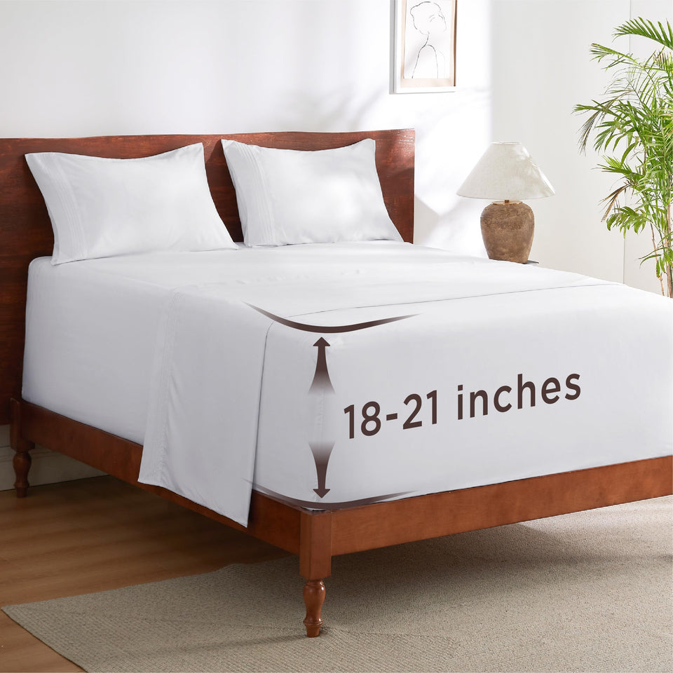 Bedsure deep-pocket king sheet flat view showing secure fit and crisp white finish