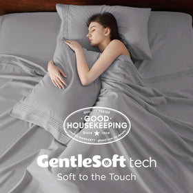 Bedsure pintuck-edge top sheet adds textured elegance to the set.