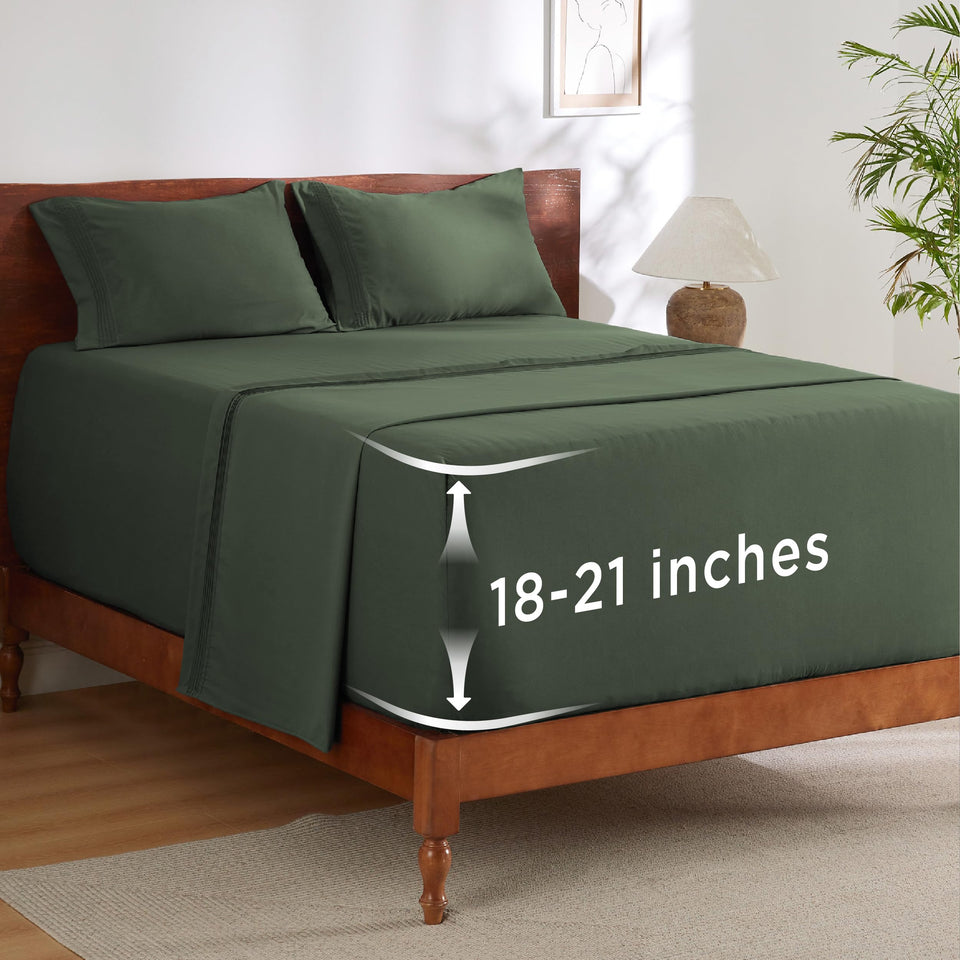 Bedsure flat sheet in olive green with deep pocket fit and soft brushed texture.
