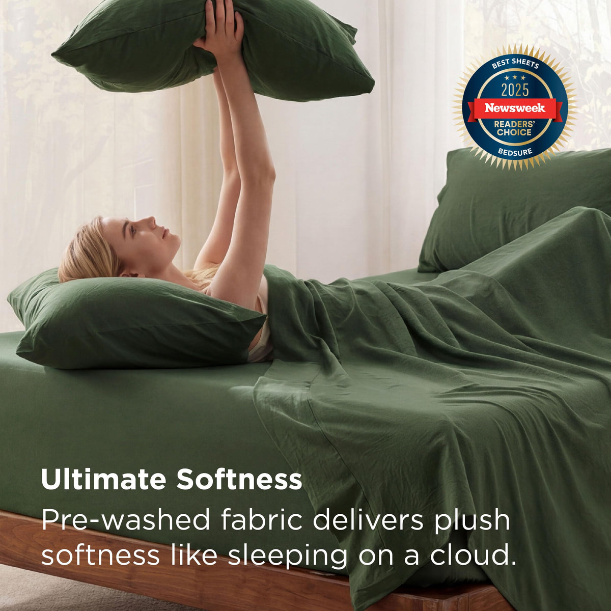 Bedsure deep-pocket queen sheets olive green close-up highlights cotton-like softness and breathability.
