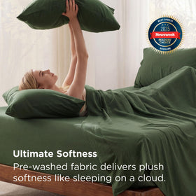 Bedsure deep-pocket queen sheets olive green close-up highlights cotton-like softness and breathability.