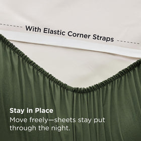 Bedsure deep-pocket queen sheets olive green draped on bed evoke hotel-style luxury and comfort.