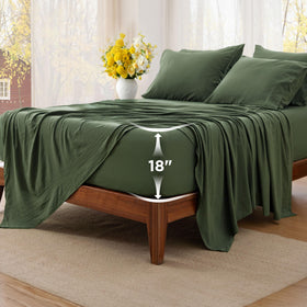 Bedsure deep-pocket queen sheets olive green flat lay shows soft cotton-like texture for comfort.