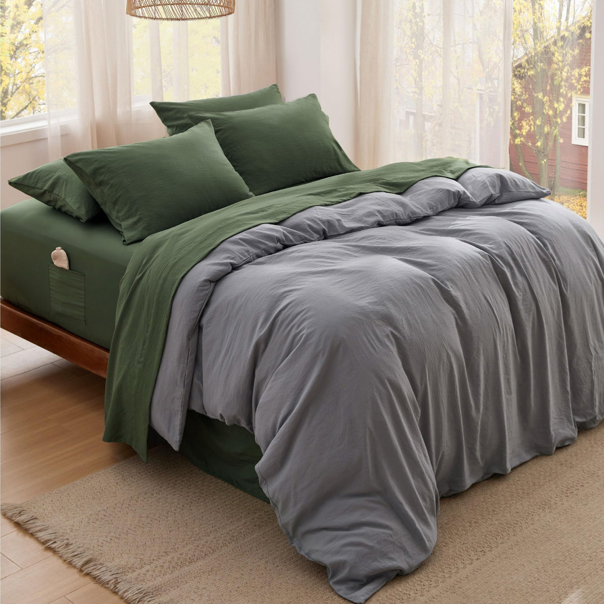 Bedsure deep-pocket queen sheets olive green packaging suggesting easy gifting and storage.
