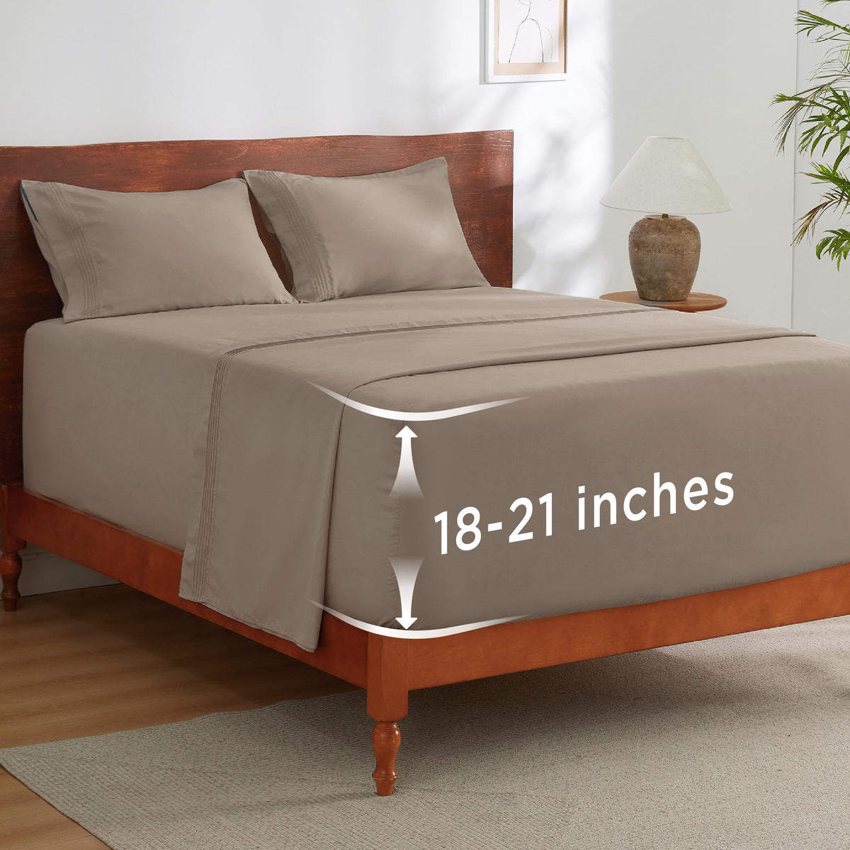 Bedsure deep-pocket queen sheets showing secure elastic fit for tall mattresses.