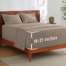 Bedsure deep-pocket queen sheets showing secure elastic fit for tall mattresses.