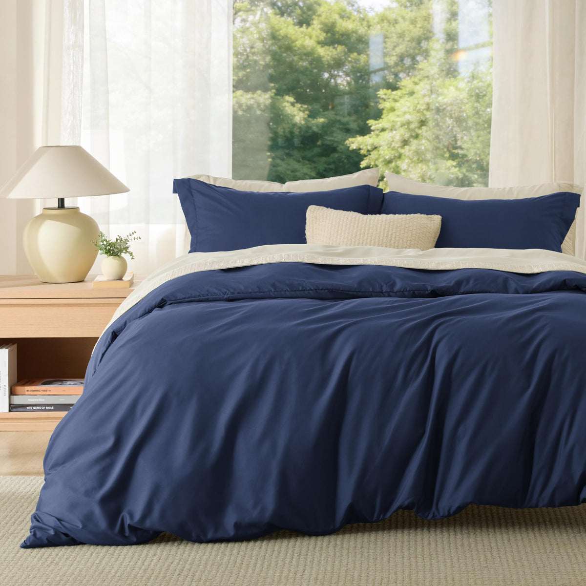 Bedsure duvet cover queen navy blue flatlay showing soft, breathable microfiber.
