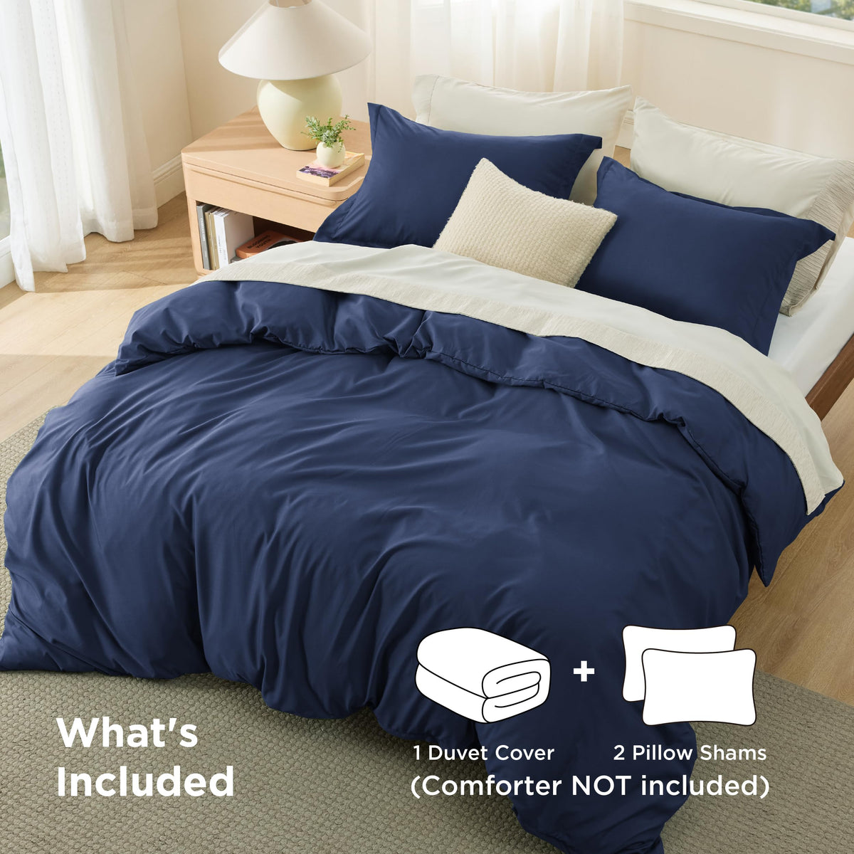 Bedsure duvet cover queen navy blue with hidden zipper closure.