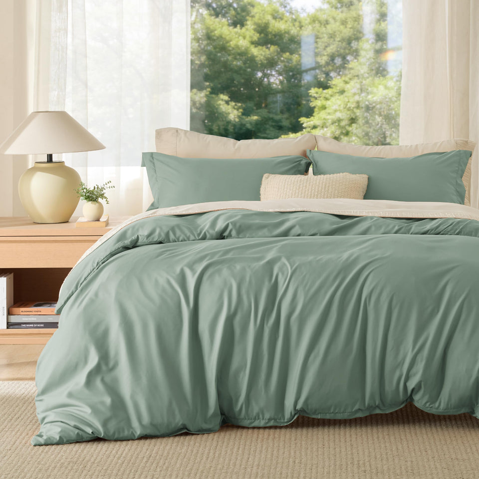 Bedsure queen duvet cover sage green folded, highlighting soft microfiber texture.