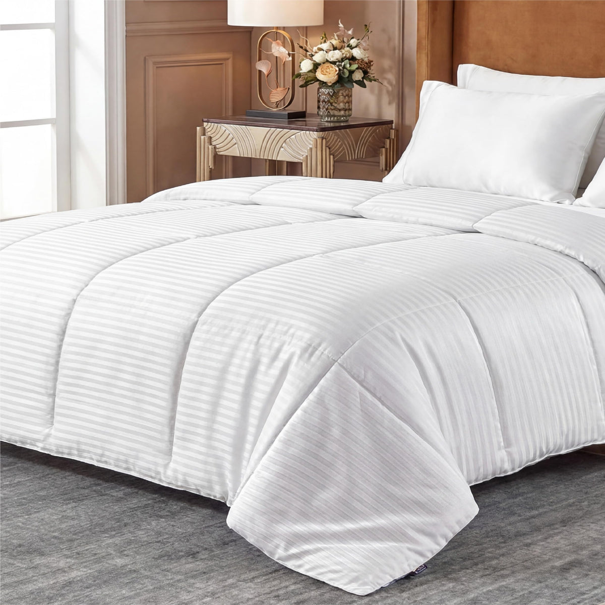 Bedsure duvet insert with striped white surface offers fresh dorm style and lightweight warmth.