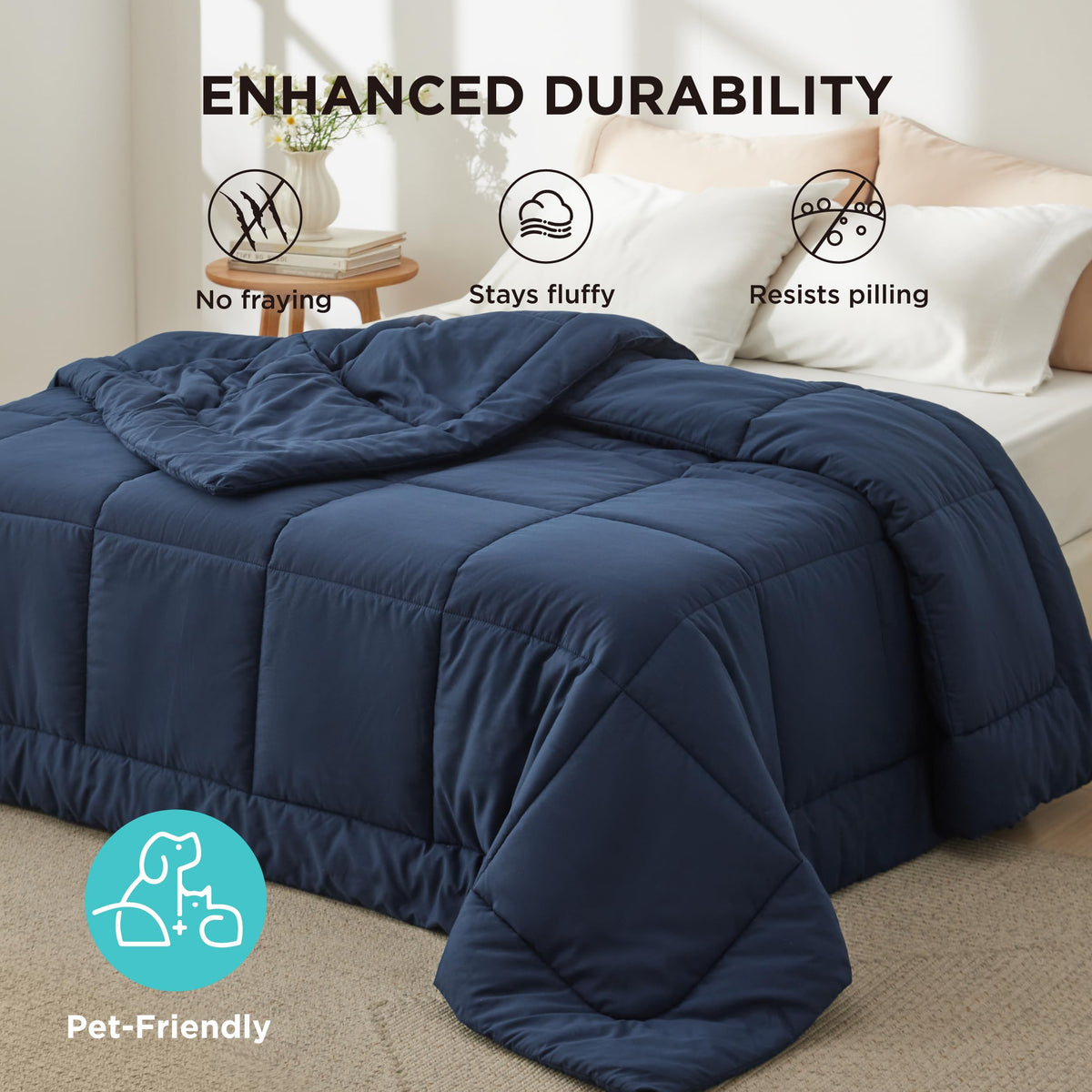 Bedsure duvet insert enables versatile layering with navy bedding.