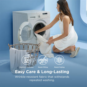 Bedsure easy-care graphic indicates machine washing for cooling comfort.