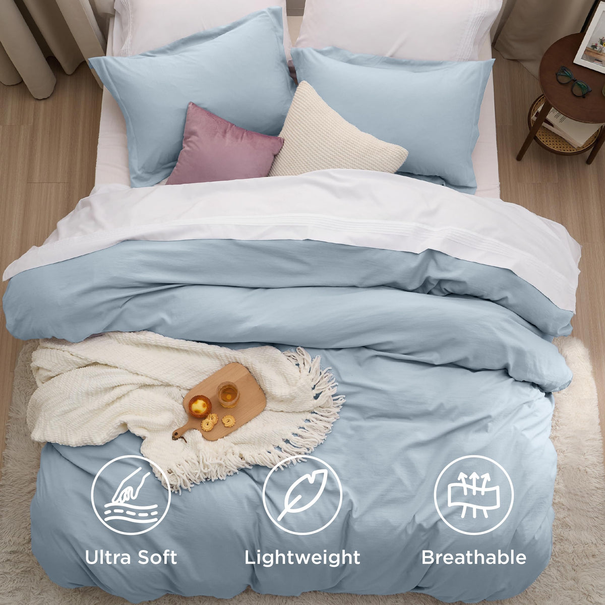 Inside view showing eight corner ties on Bedsure duvet cover for secure fit.
