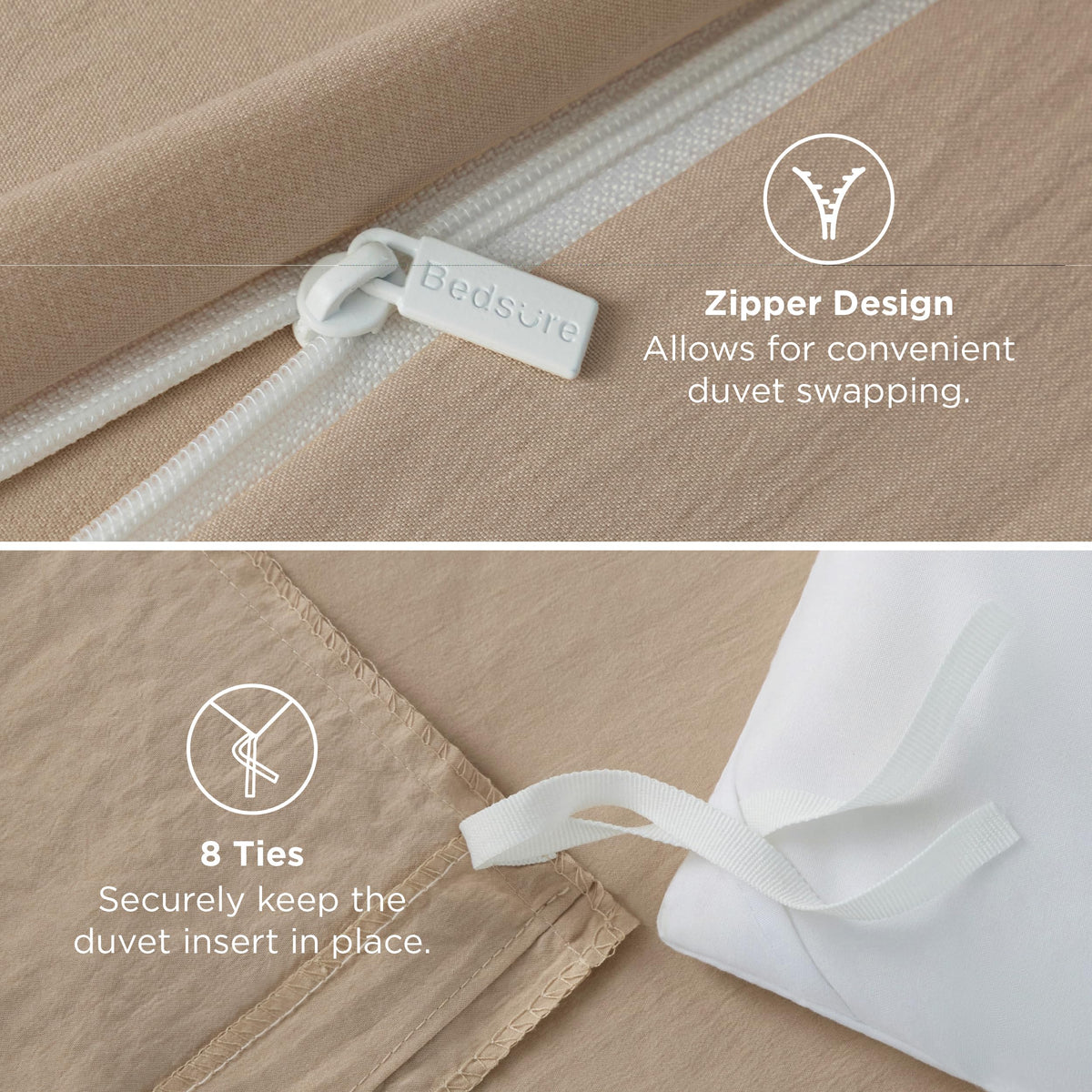 Bedsure eight interior corner ties keep the duvet flat during use.