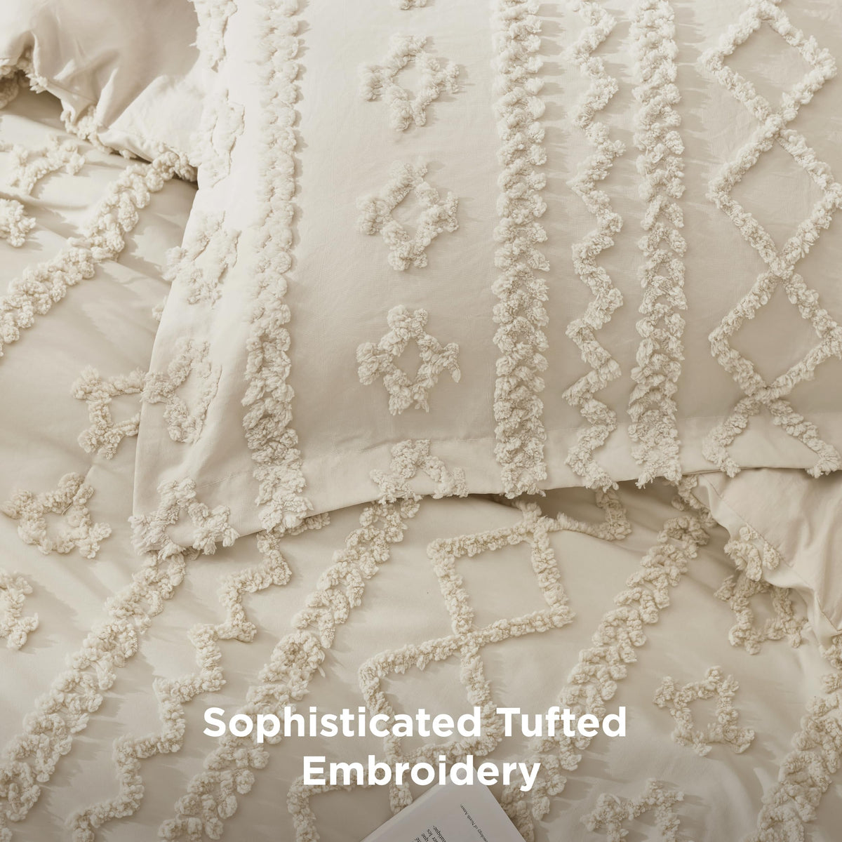 Bedsure embroidery detail highlights 3D tufts adding depth to bed decor.