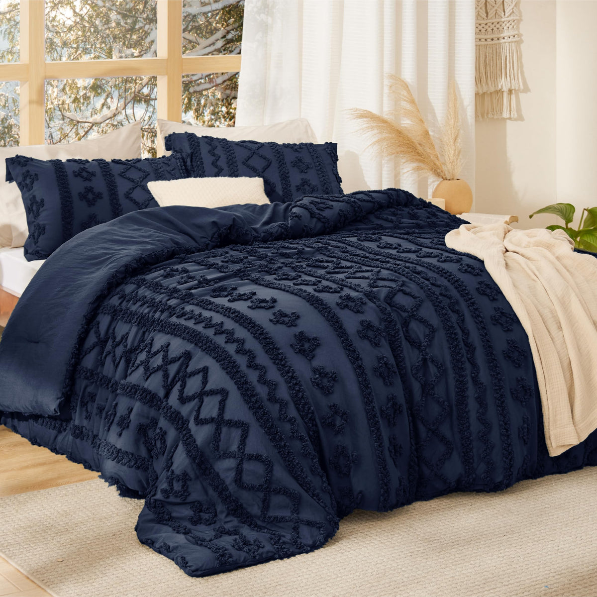 Bedsure embroidery close-up showing 3D texture for refined bedroom decor.