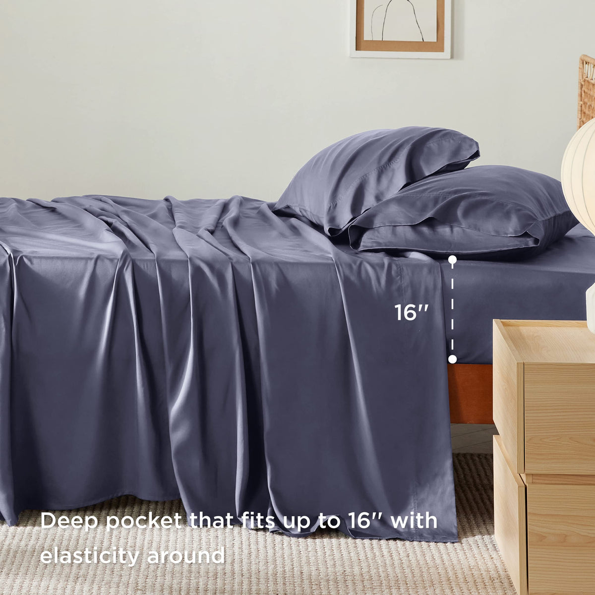 Bedsure fitted sheet with 16-inch pocket secured for deep mattresses.