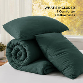 Bedsure forest-green comforter creates calm, restful bedroom ambiance.