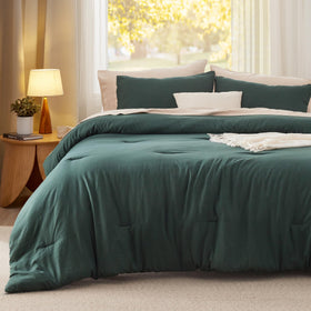 Bedsure forest-green comforter texture close-up shows plush softness.