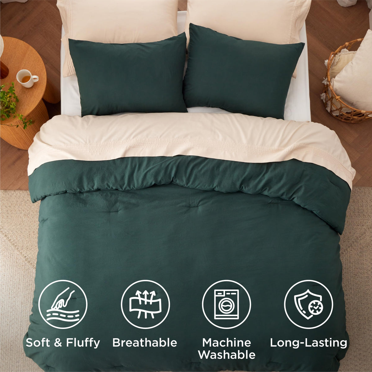 Bedsure forest-green pillowcases set enhances bedroom decor.