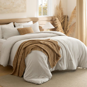 Bedsure full comforter set in beige shows a soft texture, ideal for cozy year-round slumber.