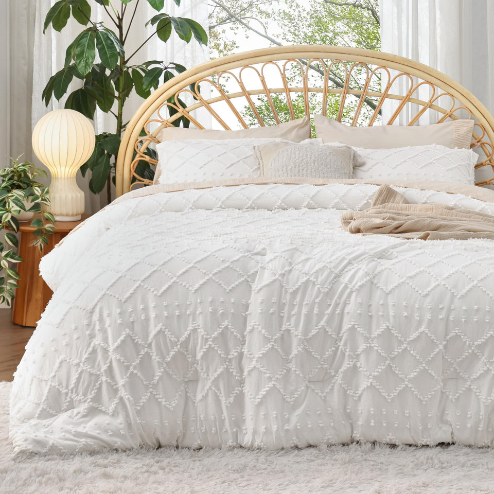 Bedsure full comforter set white with boho tufted detailing, soft and breathable.
