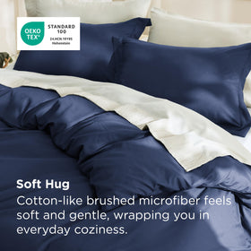 Bedsure full duvet cover navy blue fabric close-up showing soft, breathable microfiber.
