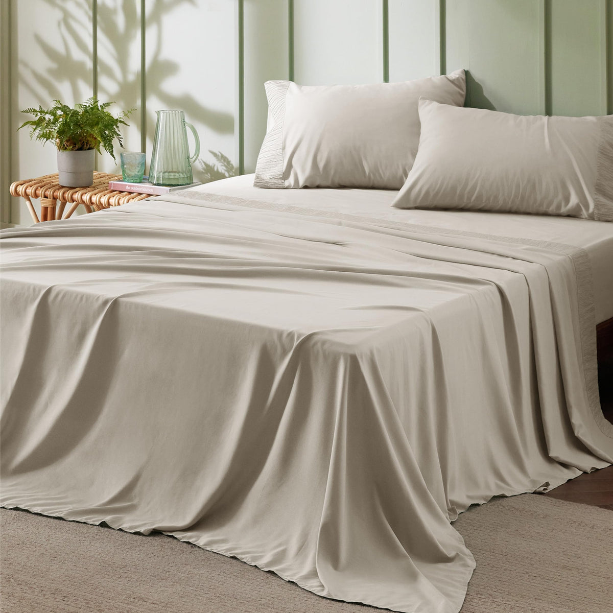 Bedsure full sheet set pillowcases close-up showing ruched hem for a hotel-inspired finish
