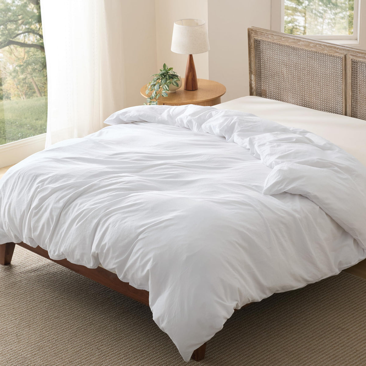 Bedsure duvet cover in white, close-up texture shows ultra-soft microfiber for cozy nights.