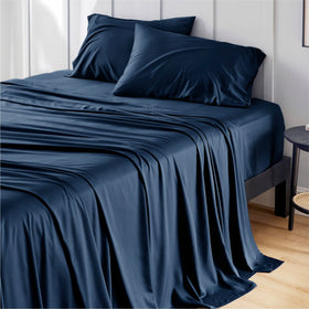 Bedsure full-size cooling sheets in navy with bamboo rayon for cooling comfort.