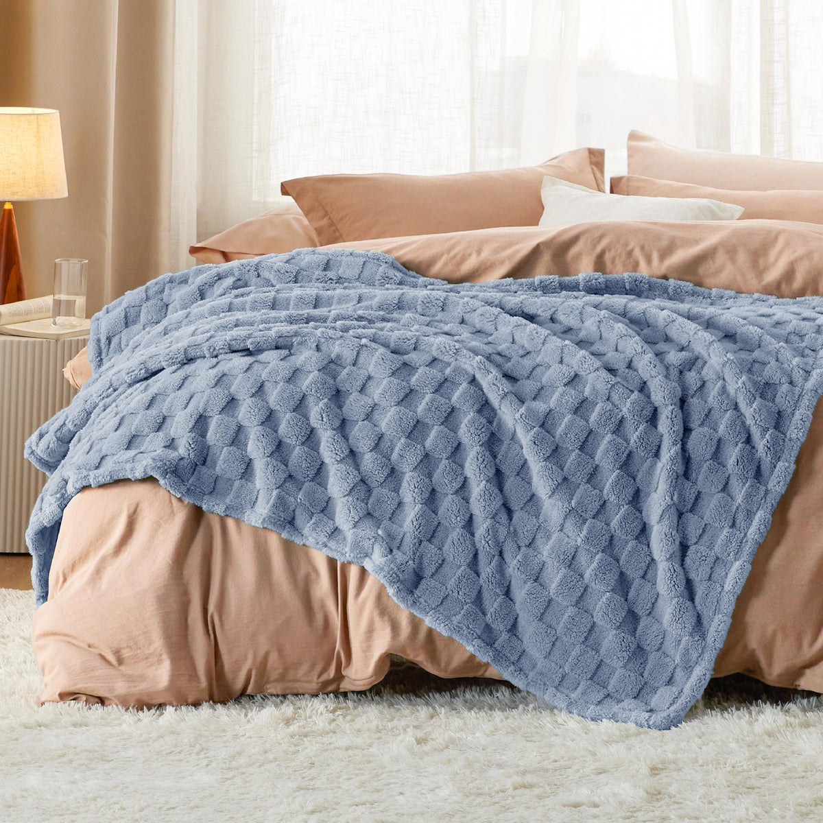Bedsure GentleSoft Ashley Blue Throw stitch detail highlights checker pattern and durability.