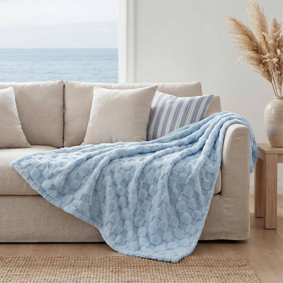 Bedsure GentleSoft baby blue throw is dorm-friendly and machine washable.