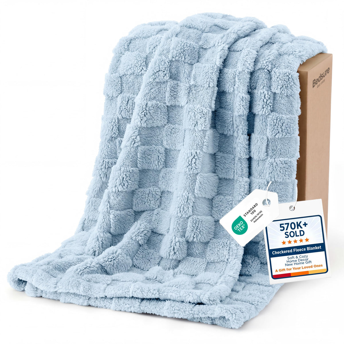 Bedsure GentleSoft baby blue throw texture closeup showcases plush warmth for cozy evenings.