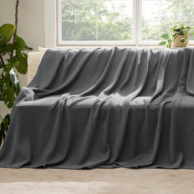 Bedsure GentleSoft blanket folded beside a study desk in dorm room.
