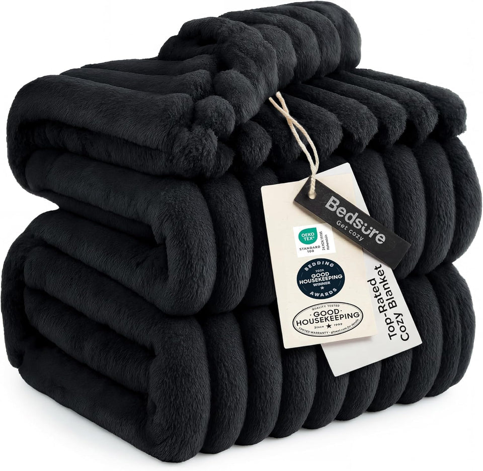 Bedsure GentleSoft blanket stripe closeup shows plush microfiber softness for year-round coziness.
