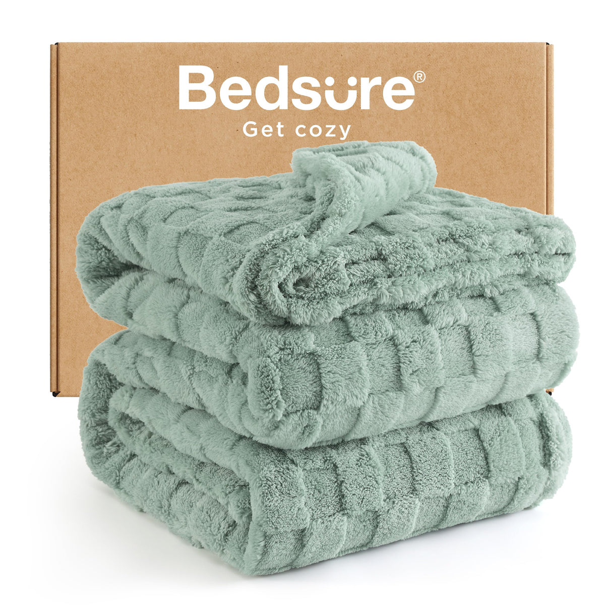 Bedsure Gentlesoft blanket in sage green on bed for cozy warmth.