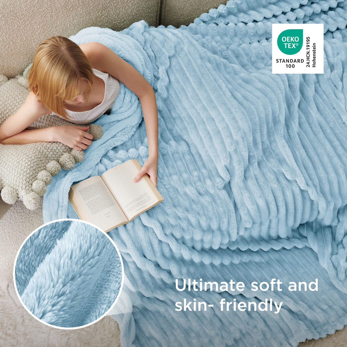 Bedsure GentleSoft blue fleece blanket on bed for relaxing, year-round comfort