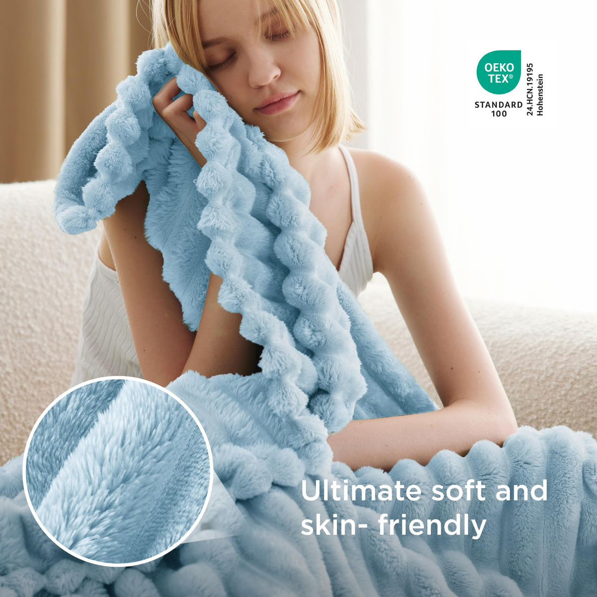 Bedsure GentleSoft blue fleece blanket on bed for relaxed bedtime lounging.