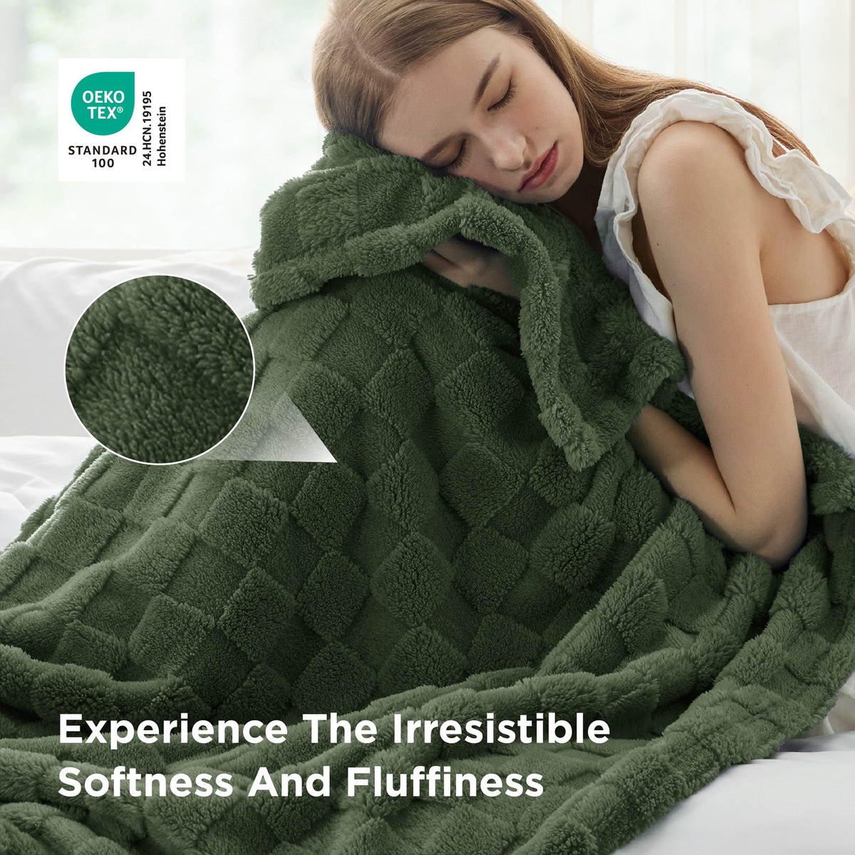 Bedsure GentleSoft Bronze Green Throw Blanket on bed for reading at night