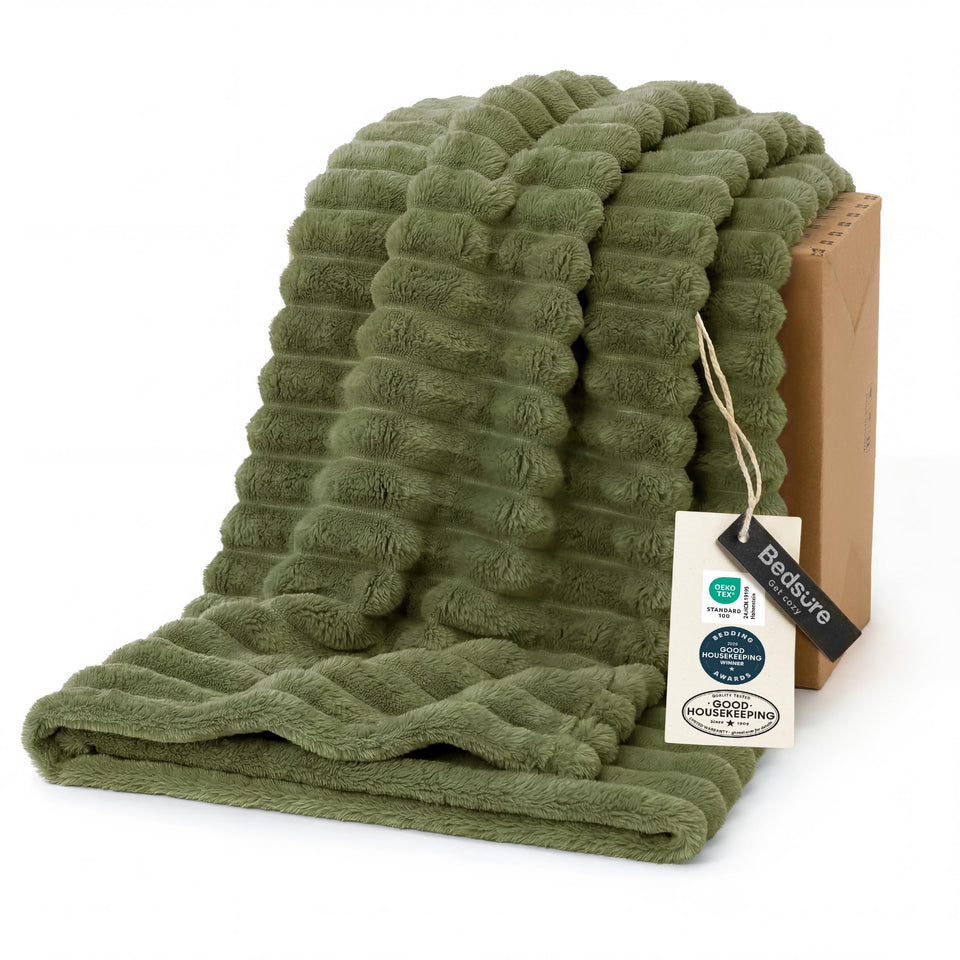 Bedsure GentleSoft Moss Christmas throw blanket close-up shows ultra-soft fleece warmth.