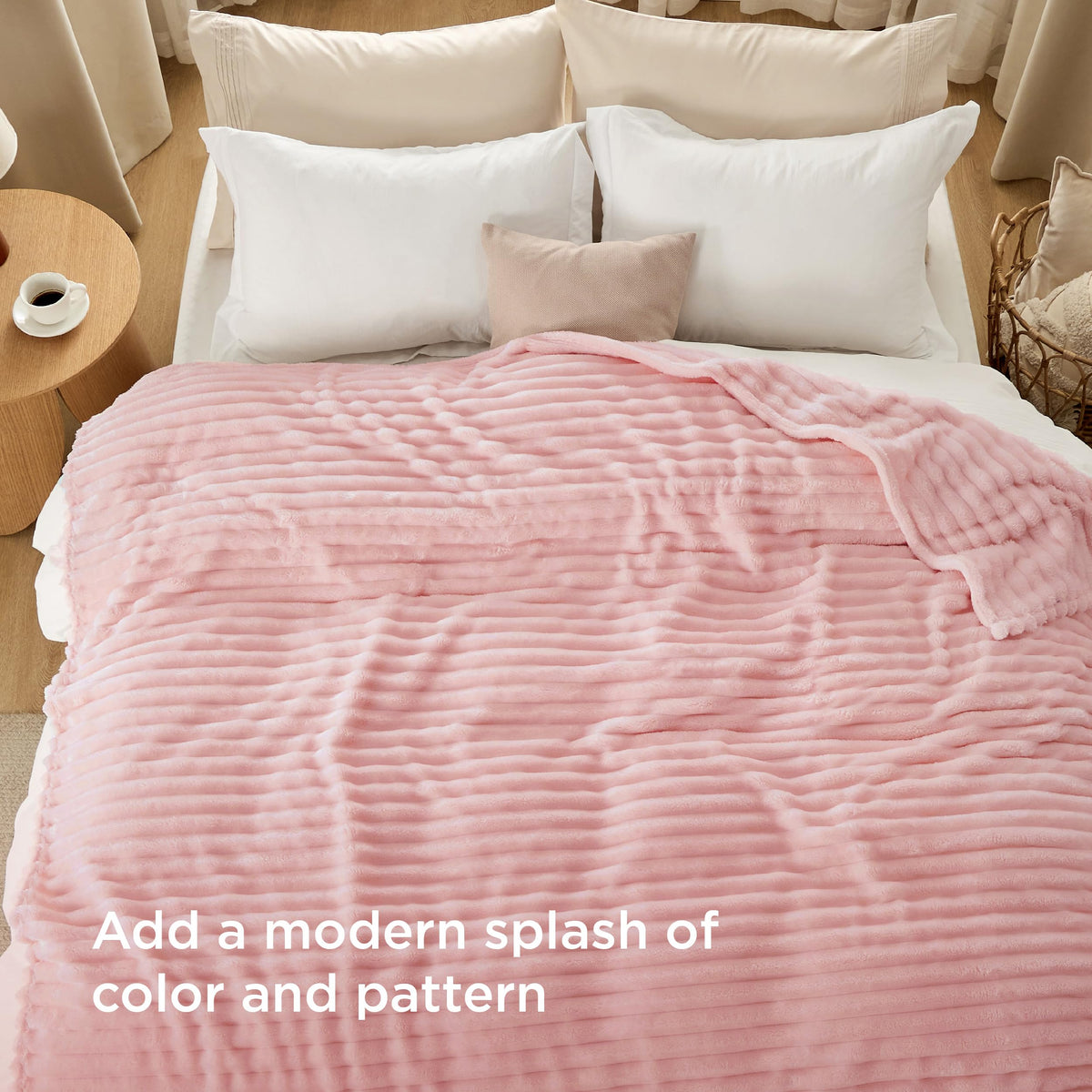 Bedsure GentleSoft coral pink blanket on bed for snug sleep vibes