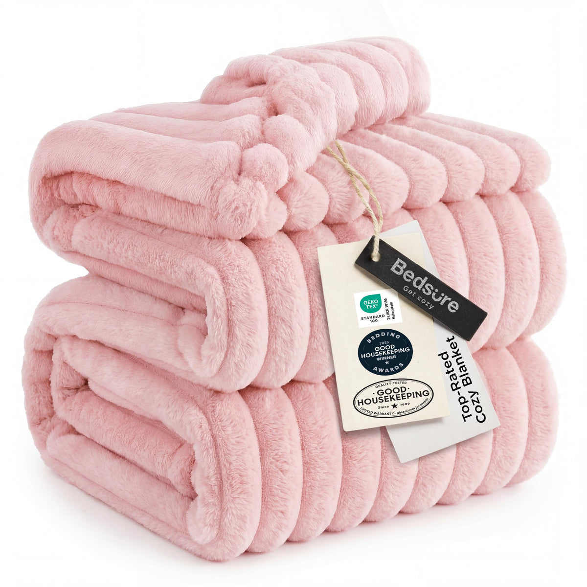 Bedsure GentleSoft coral pink fleece blanket on couch for cozy movie nights