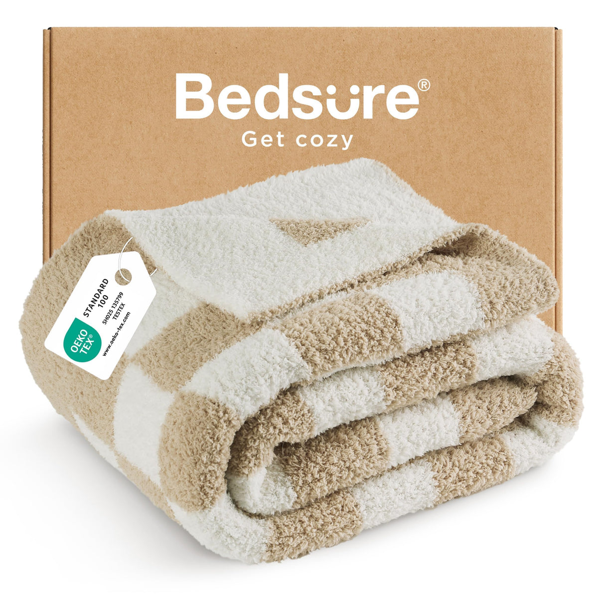  bedsure gentleSoft cozy throw blanket in beige checkered enhances couch comfort.