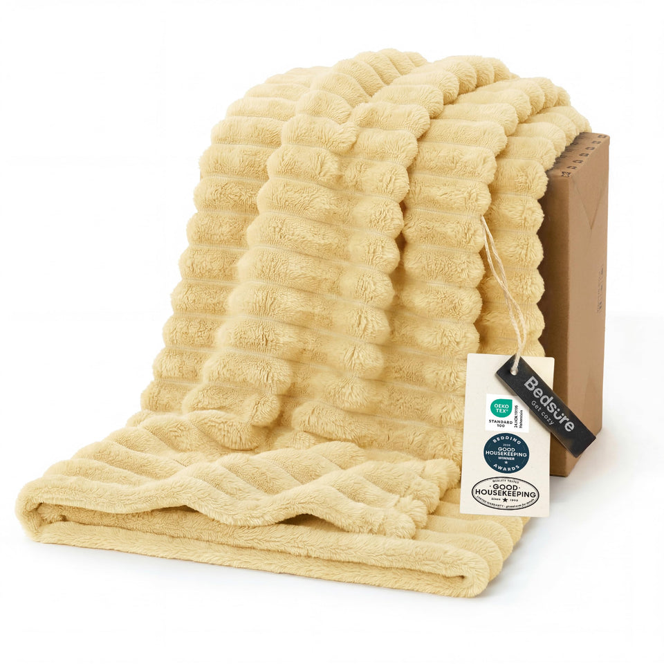 Bedsure GentleSoft custard-yellow throw front view highlights plush, inviting texture.